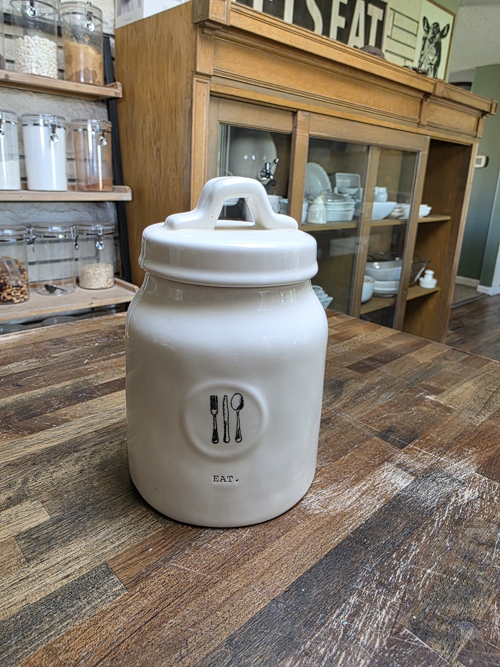 Rae Dunn Cream Ceramic 'EAT.' Canister with Cutlery Icon